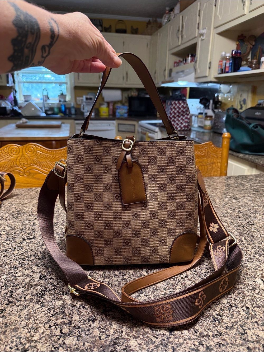 Brown Checkered Top-Handle Tote Bag with Adjustable Strap